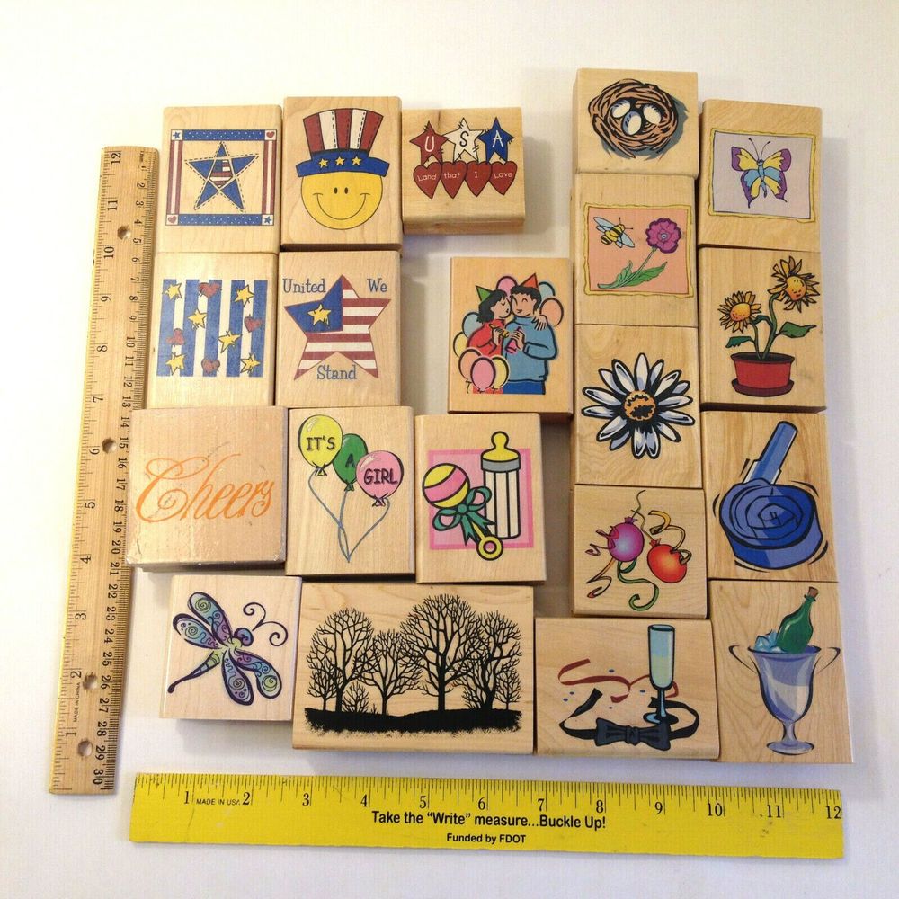 Lot of 20 Wood Mounted Rubber Stamps Assorted